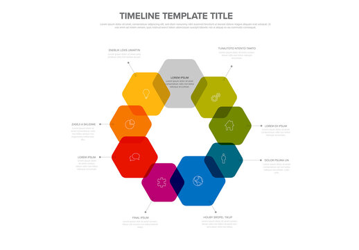 Multipurpose infographic template layout design with nine hexagon overlay elements in big circle cycle