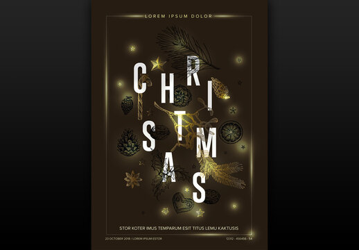 Modern Christmas card template with big letters dark brown background and lights