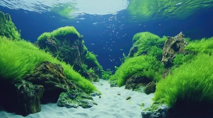Obraz premium A beautiful aquascape featuring lush green mosses, rocks, and plants, creating an underwater oasis for fish to play in