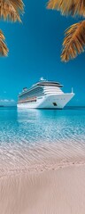 Obraz premium A beautiful cruise ship anchored in clear blue waters, framed by palm trees on a sandy beach, creating a serene tropical paradise.