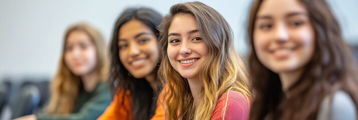 Obraz premium Diverse group of happy students in classroom setting, smiling and engaged.