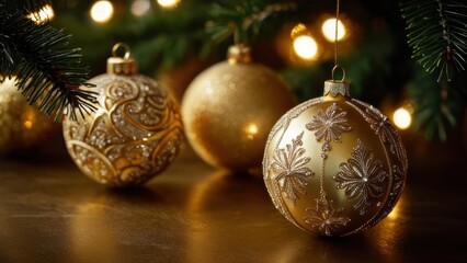 Beautifully designed golden Christmas baubles hanging on a tree, radiating festive cheer in a warm, cozy setting