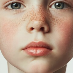 Fototapeta premium Close-up of face with freckles, lips, and eyes.