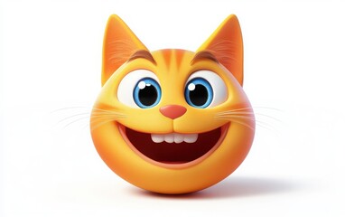 A 3D cartoon emoji of a smiling cat face with wide eyes and a playful expression, showing friendliness on a white background