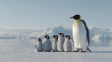 Obraz premium A parent penguin stands protectively beside its five fluffy chicks on a snowy terrain, showcasing family bonds in a serene, icy landscape.
