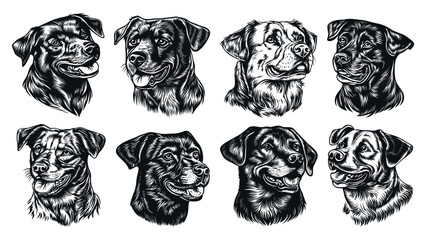 Dog Portraits Hand-Drawn Linocut Vector Set on White Background with Textured Design Canine Art Vintage Graphics Pet Portrait Collection Loyal Dog Icons Animal Illustration Design