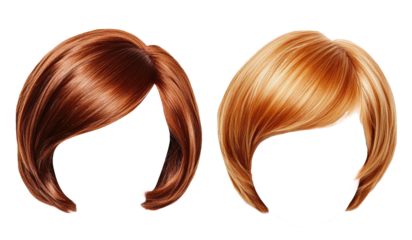 classic pixie hair style wigs in red and blonde colors. women's wigs. transparent background