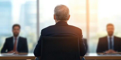 An executive in a suit facing a boardroom table during an important meeting.