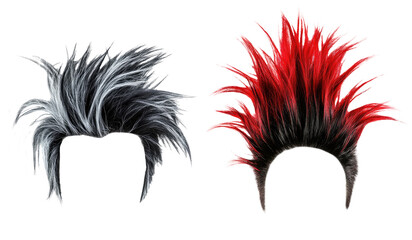 punk hair style wigs in red and grey colors. men wigs. transparent background