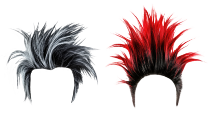 punk hair style wigs in red and grey colors. men wigs. transparent background