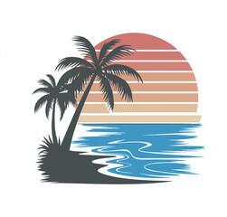  Retro color design vector sea beach and palm tree illustration1.
