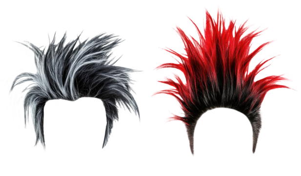 punk hair style wigs in red and grey colors. men wigs. transparent background
