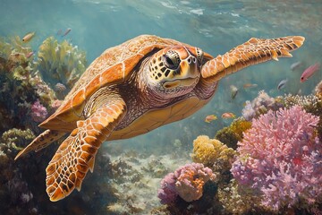 Obraz premium A green sea turtle swims through a vibrant coral reef, with colorful fish swimming nearby.