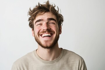 Fototapeta premium A man with a beard laughs in a beige shirt.