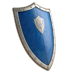 Medieval Blue Shield with Silver Rim and Emblem Design, transparent background PNG