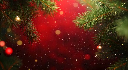 Red Christmas background with green christmas tree branches. 
