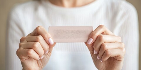 Close-up of a person holding a blank card, showcasing hands and nails elegantly.