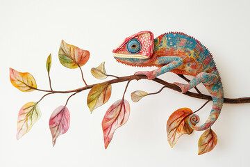 Obraz premium Beautiful color of chameleon panther, chameleon panther on branch, with light background