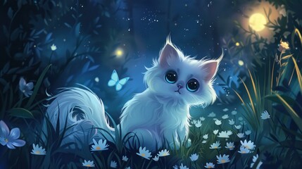 White Kitten in a Magical Forest