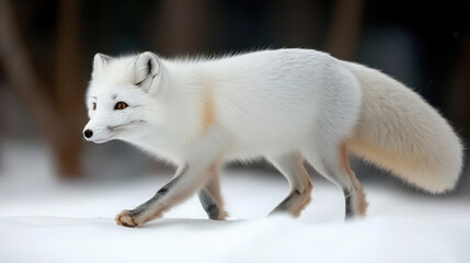 A beautiful white fox walking gracefully through a snowy landscape, showcasing its stunning fur and peaceful demeanor.