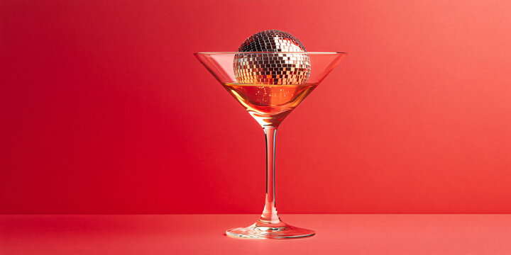 Cocktail party with disco ball on sunset coral color background. Disco party, retro fashion. Modern stylish banner template for holiday card, banner, flyer, menu with space for text