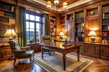a library with a desk, bookshelf, and a chair with a lamp on it