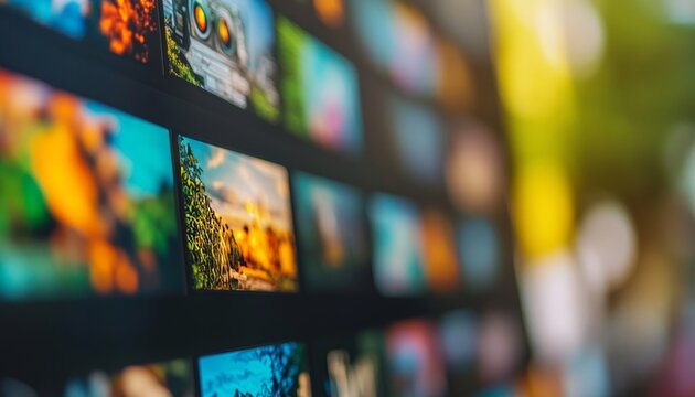 Digital Photo Gallery Close Up of Colorful Images on Screen, Technology and Photography Concept