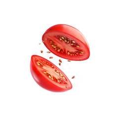 3D Render of Sliced Tomato with Seeds and Juicy Interior Floating in Mid-Air