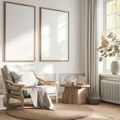 A bright interior with a wooden chair and empty frames on the wall, complemented by a stylish table and decorative plants, showcasing a clean and modern design aesthetic.