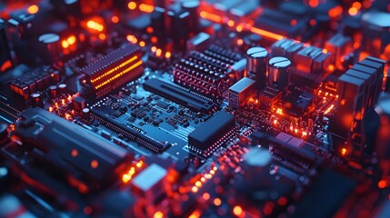 Obraz premium Manufacturing Automation. Advanced High Precision Robot Arms on Automated PCB Assembly Line Inside Modern Electronics Factory. Electronic Devices Production Industry. Component Installation Process.