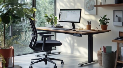 A modern office features an adjustable height desk, comfortable chair, and greenery, creating an inviting and productive workspace. Generative AI