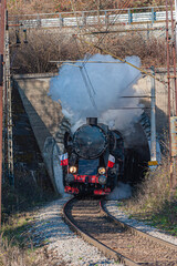 Wyjazd starej lomotywy z tunelu kolejowego, Żegiestów, Dolina Popradu © Maciej G. Szling