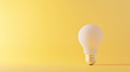 
White light bulb on bright yellow background in pastel colors. Minimalist concept, bright idea concept, isolated lamp.