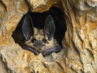 Obraz premium A small bat with large ears peeks out of a cave opening.