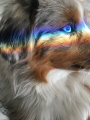 Close-up of an Australian Shepherd with a rainbow light reflecting across her face 