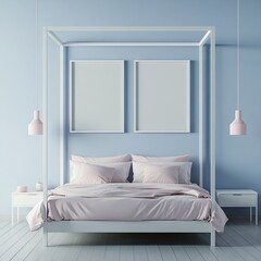 Minimalist Bedroom Interior Design with Canopy Bed  Blue Wall  Pink Pillows and Lamps