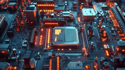 Fototapeta premium Manufacturing Automation. Advanced High Precision Robot Arms on Automated PCB Assembly Line Inside Modern Electronics Factory. Electronic Devices Production Industry. Component Installation Process.