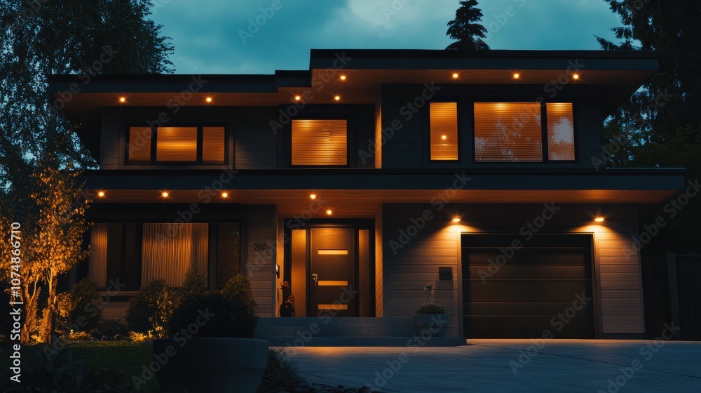 Aufkleber the sleek modern house features glowing alarm lights on doors and windows, creating a secure, inviti