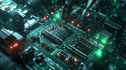Fototapeta premium Manufacturing Automation. Advanced High Precision Robot Arms on Automated PCB Assembly Line Inside Modern Electronics Factory. Electronic Devices Production Industry. Component Installation Process.