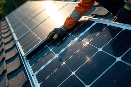 A professional engineer is installing solar panels on a rooftop: a rooftop solar photovoltaic system in an industrial setting, saving energy with clean power.