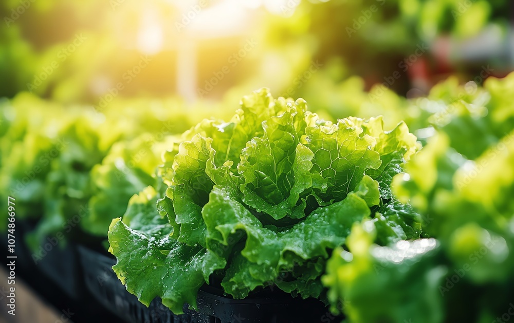Poster vertical hydroponic farm with rows of crisp green lettuce, efficient use of space for organic, soilf