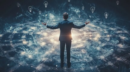 Man in suit standing with arms outstretched, surrounded by swirling light and glowing lightbulbs. He's embracing innovation!