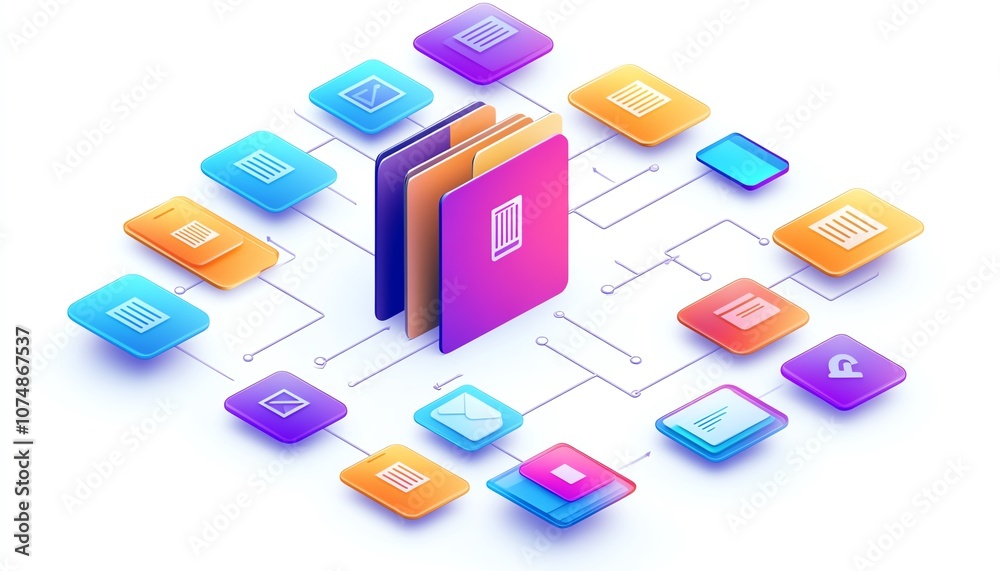 Aufkleber Digital document and folder icons interconnected, isolated on a clean white background, symbolizing efficient file organization and data management