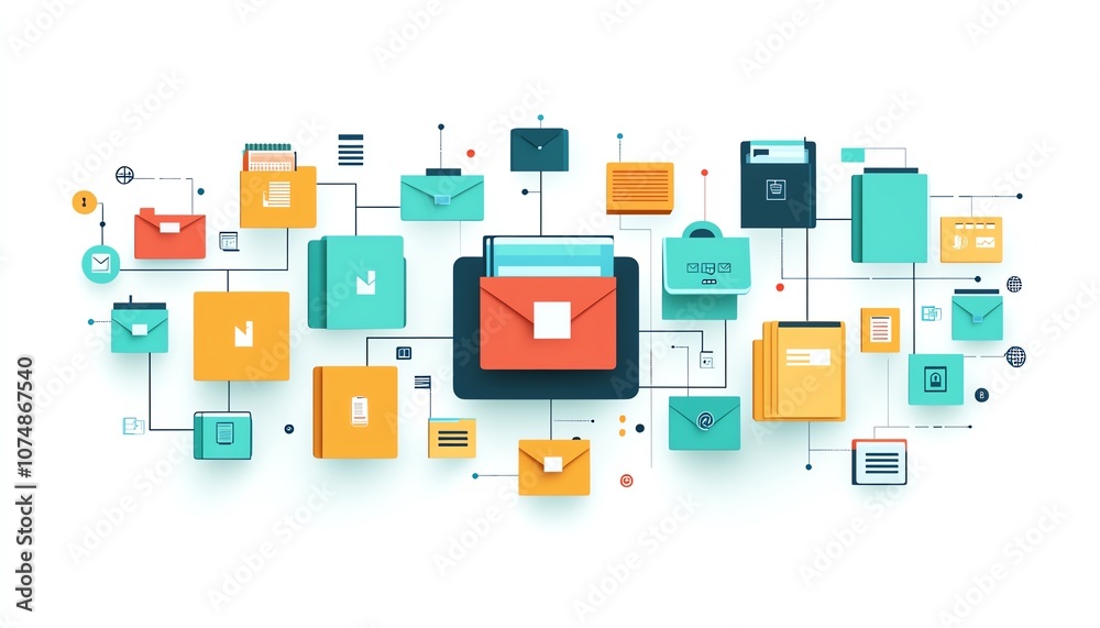 Aufkleber Digital document and folder icons interconnected, isolated on a clean white background, symbolizing efficient file organization and data management