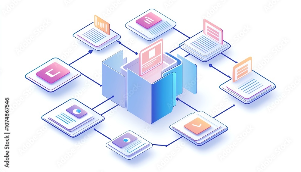 Aufkleber Digital document and folder icons interconnected, isolated on a clean white background, symbolizing efficient file organization and data management