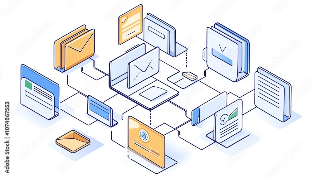 Aufkleber Digital document and folder icons interconnected, isolated on a clean white background, symbolizing efficient file organization and data management