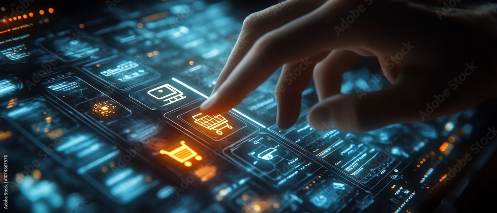 Poster Digital ecommerce interaction with a man s finger on a glowing hologram displaying shopping cart and retail icons, modern technology