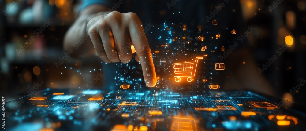 Aufkleber Digital ecommerce interaction with a man s finger on a glowing hologram displaying shopping cart and retail icons, modern technology