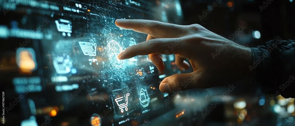 Poster Digital ecommerce interaction with a man s finger on a glowing hologram displaying shopping cart and retail icons, modern technology