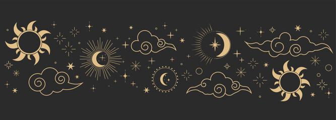Celestial seamless border, witch spiritual decoration with asian clouds moon, sun burst and stars. line astrology pattern, minimal geometric background.